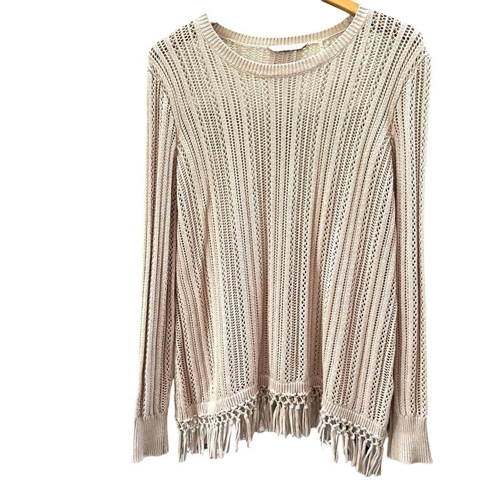 Soft Surroundings Open Knit Fringe Sweater Tan Light Brown Pullover Sz XL